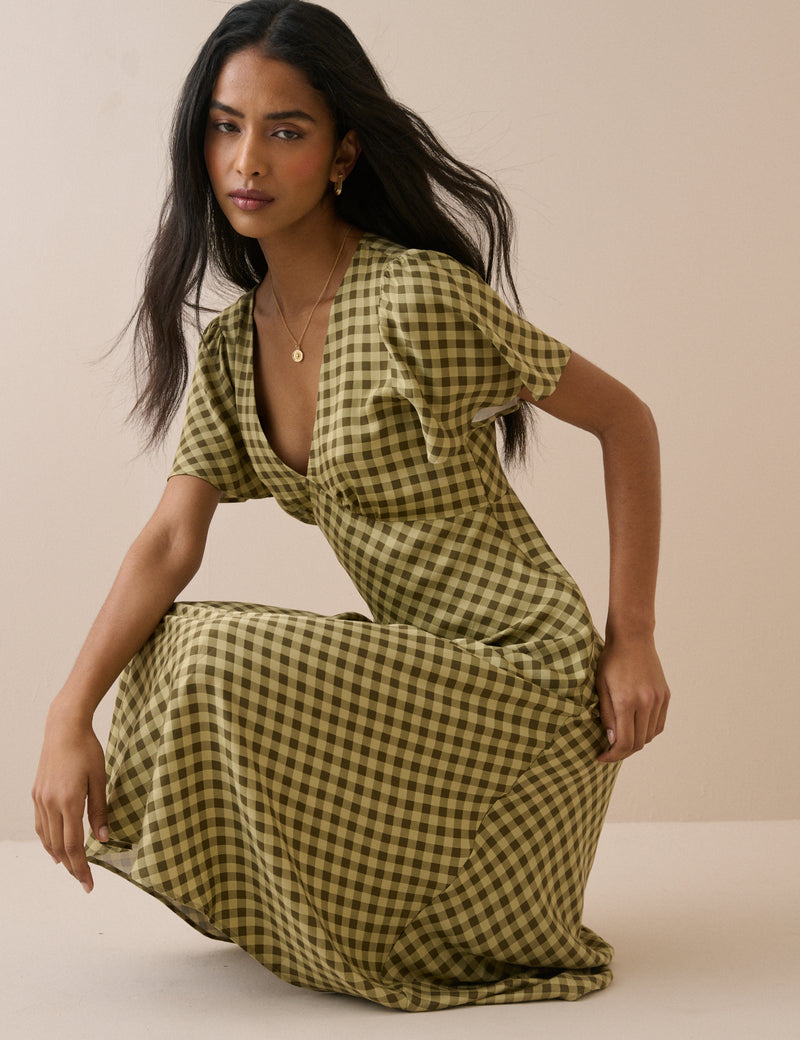 Green Gingham Rowena Midi Dress