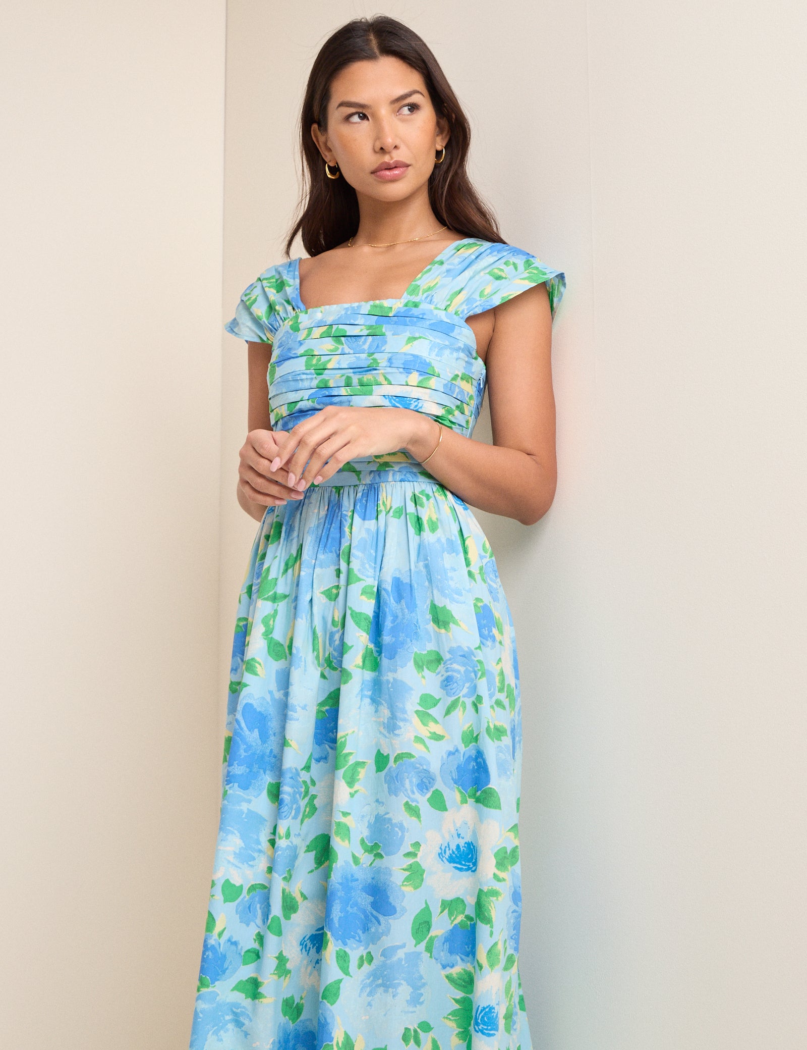 Blue Floral Pleated Mika Midi Dress
