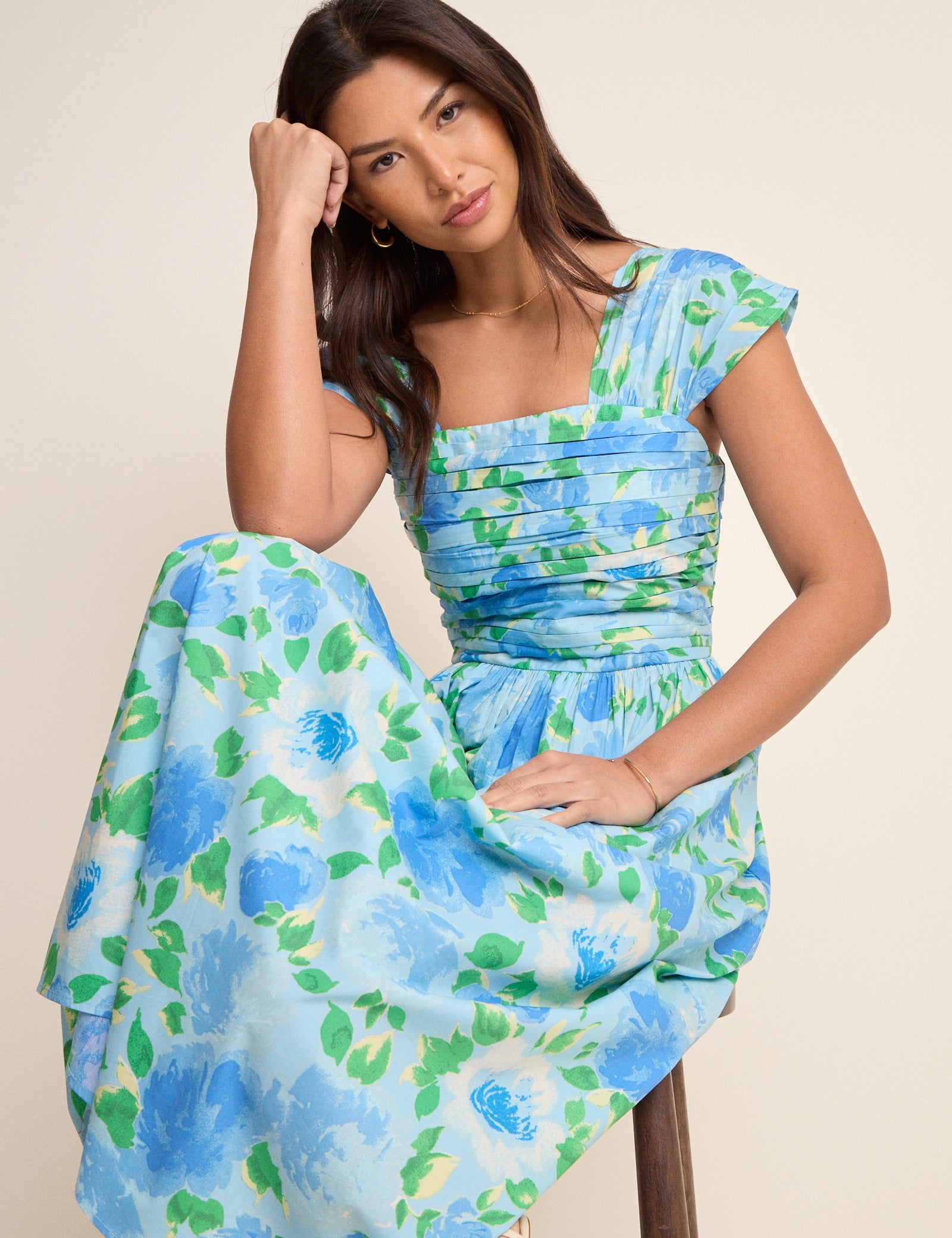 Blue Floral Pleated Mika Midi Dress