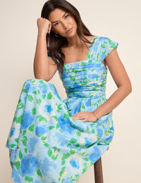 Blue Floral Pleated Mika Midi Dress