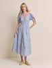 Blue Pinstriped Embroidered Ezra Midi Dress