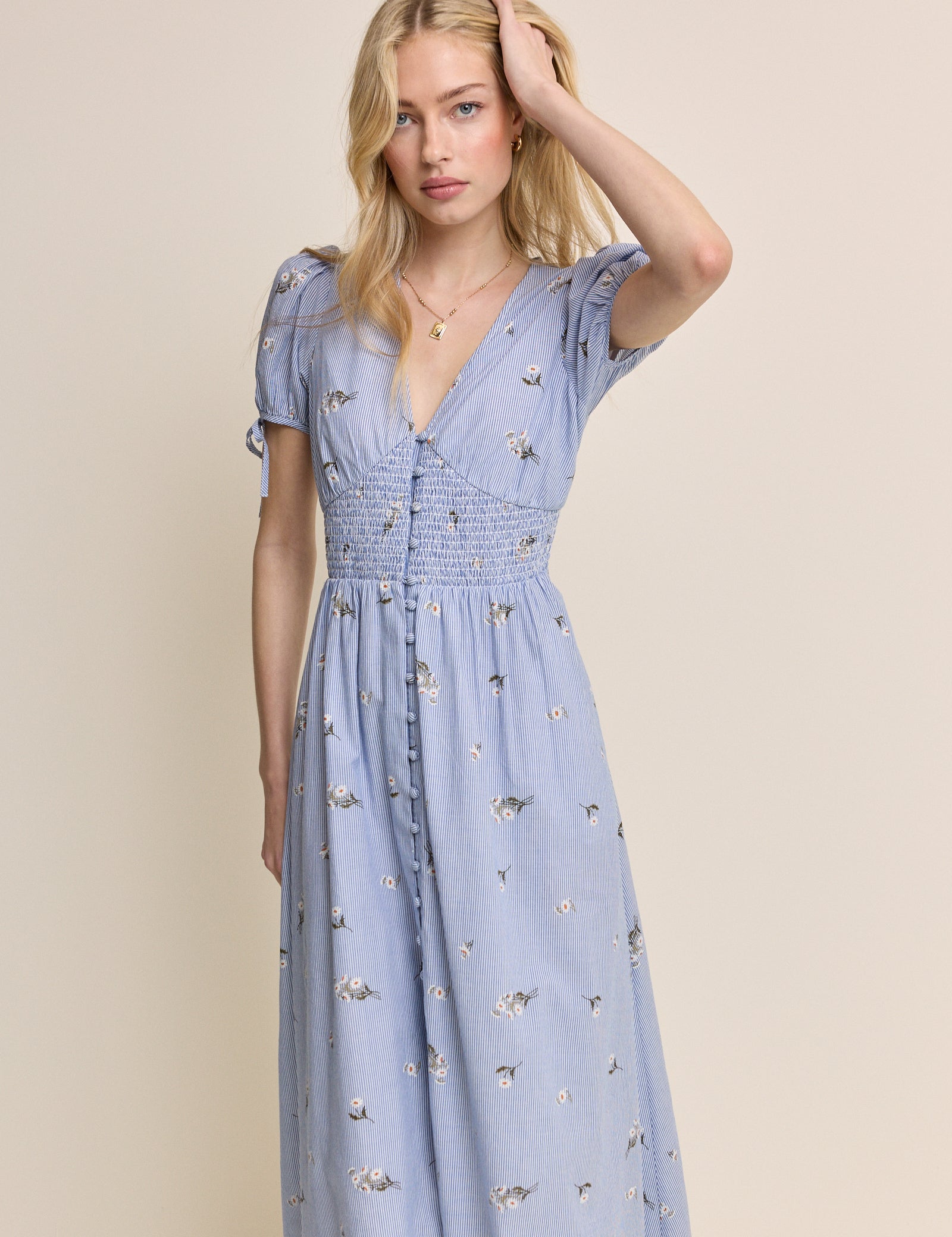 Blue Pinstriped Embroidered Ezra Midi Dress