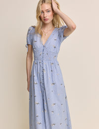 Blue Pinstriped Embroidered Ezra Midi Dress