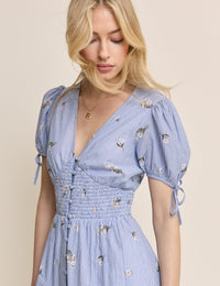 Blue Pinstriped Embroidered Ezra Midi Dress