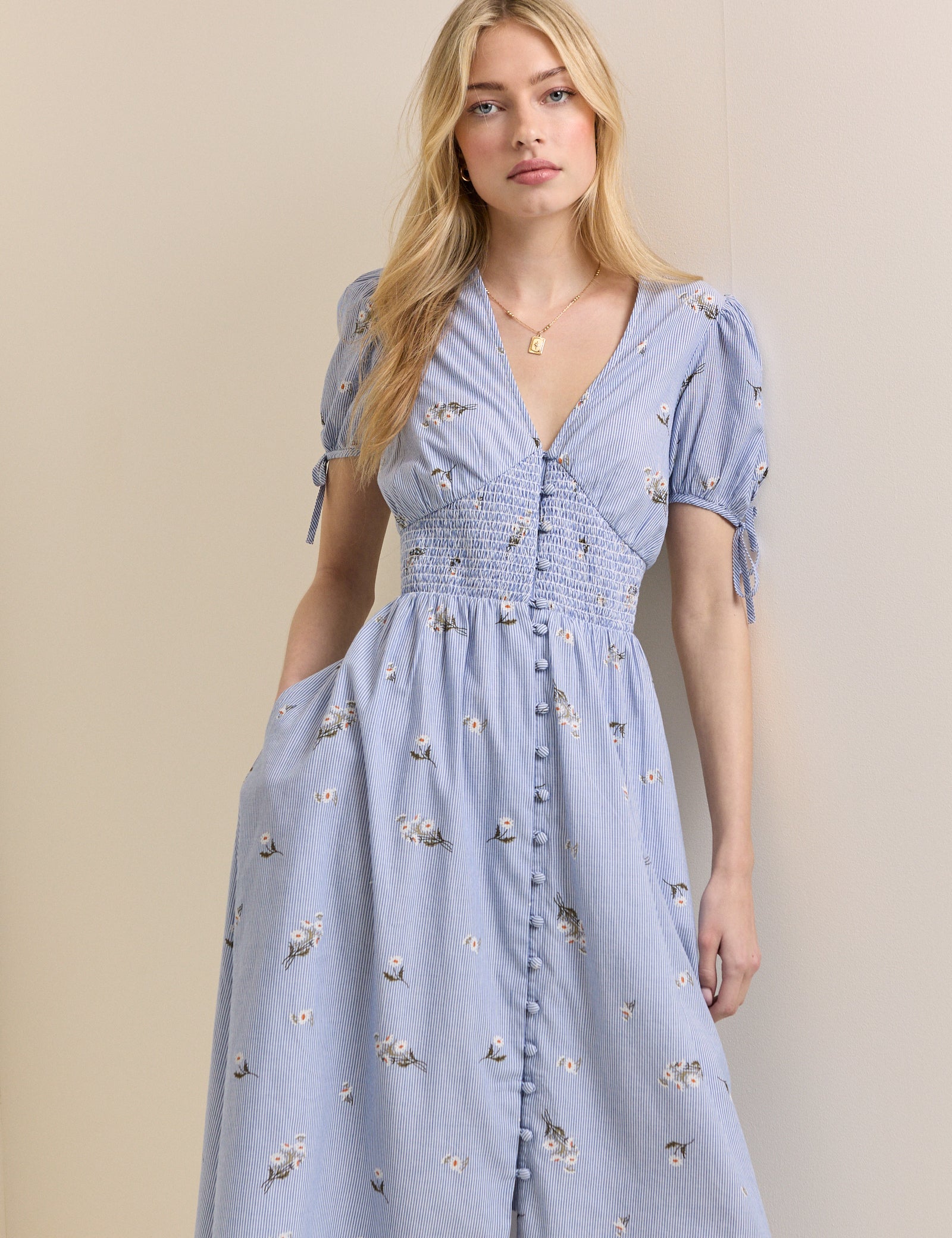 Blue Pinstriped Embroidered Ezra Midi Dress