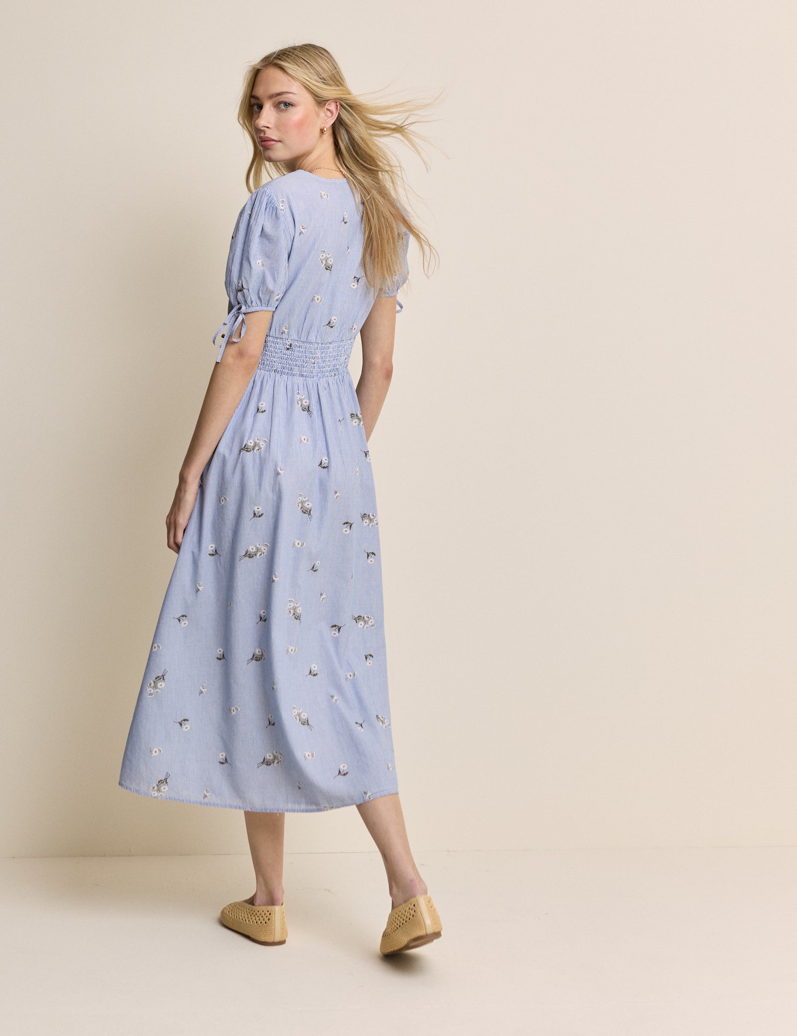 Blue Pinstriped Embroidered Ezra Midi Dress