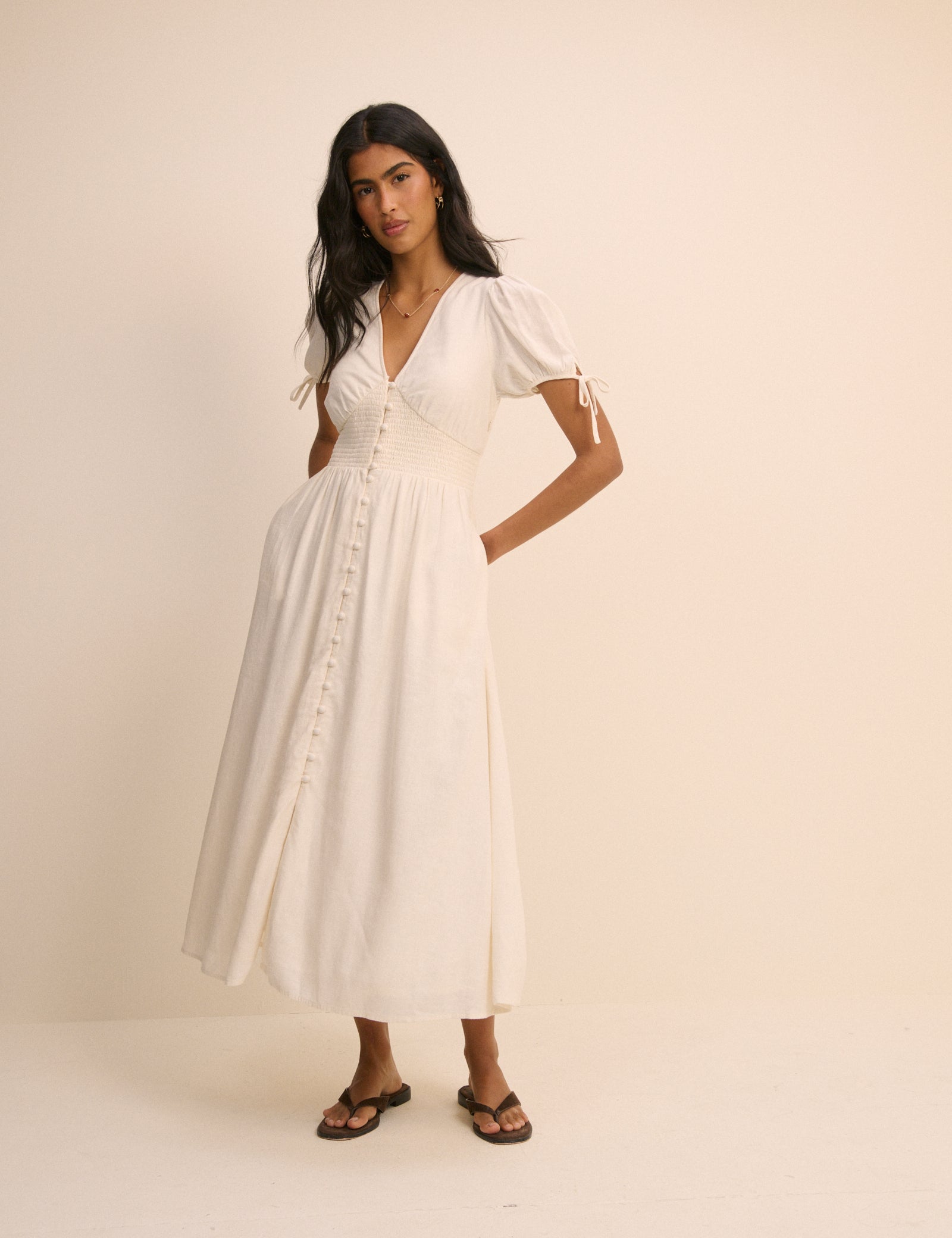 Cream Linen-Blend Button Front Ezra Midi Dress