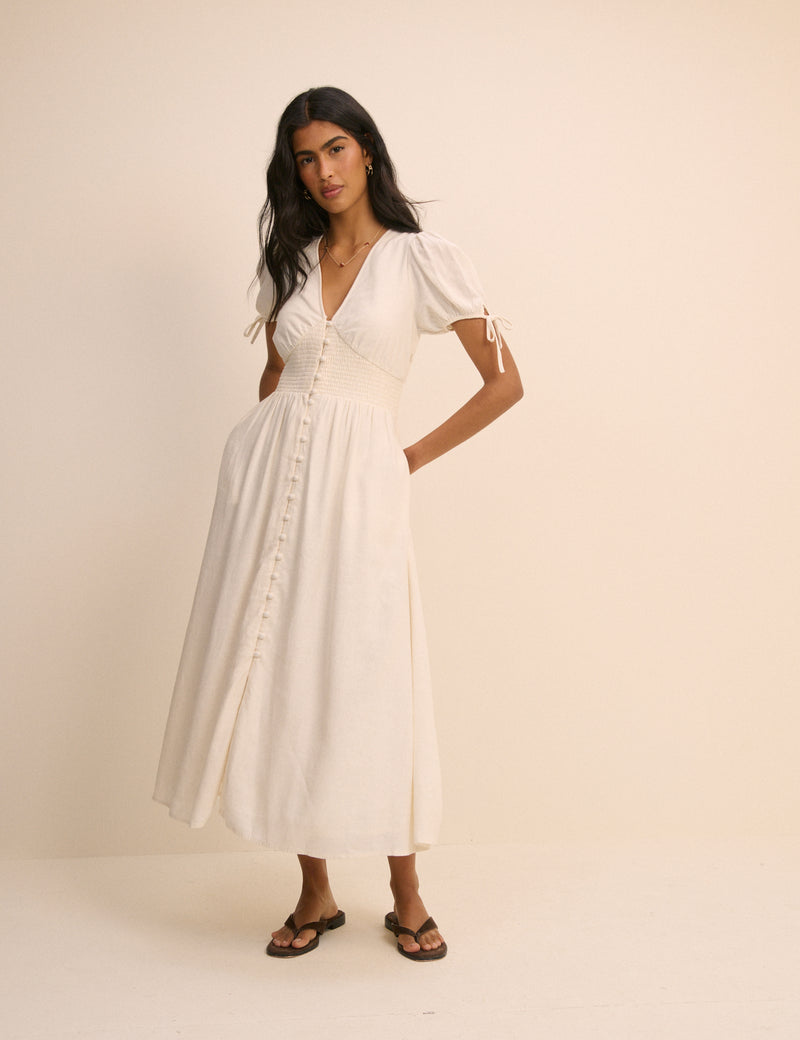 Cream Linen-Blend Button Front Ezra Midi Dress