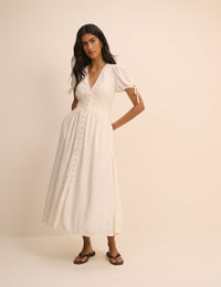 Cream Linen-Blend Button Front Ezra Midi Dress