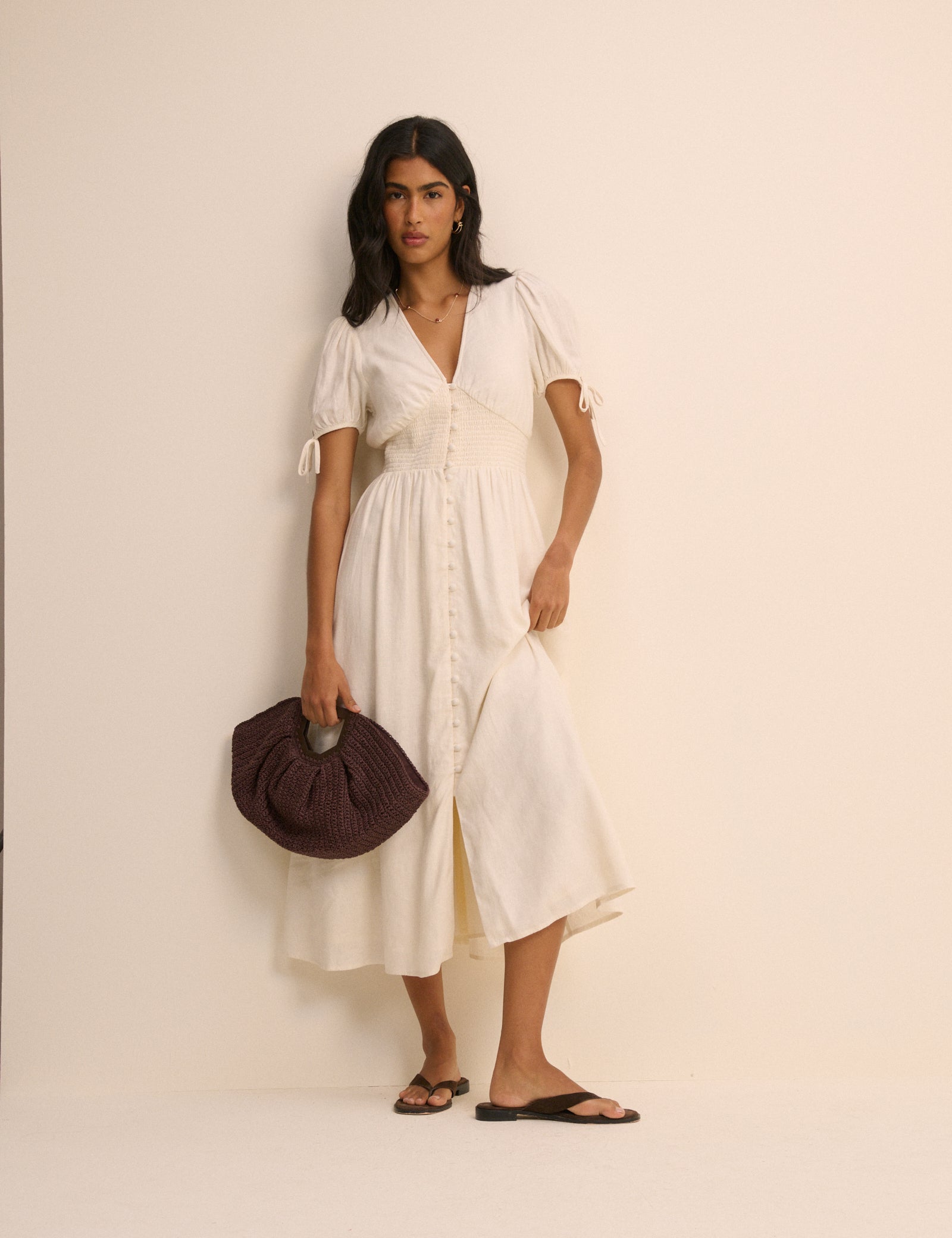 Cream Linen-Blend Button Front Ezra Midi Dress Cream Linen-Blend Button Front Ezra Midi Dress