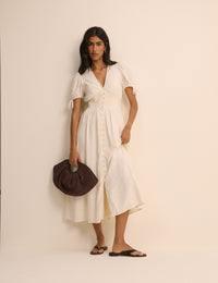 Cream Linen-Blend Button Front Ezra Midi Dress