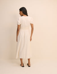 Cream Linen-Blend Button Front Ezra Midi Dress