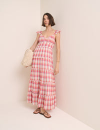 Red Check Ruffle Trim Tiered Levi Maxi Dress