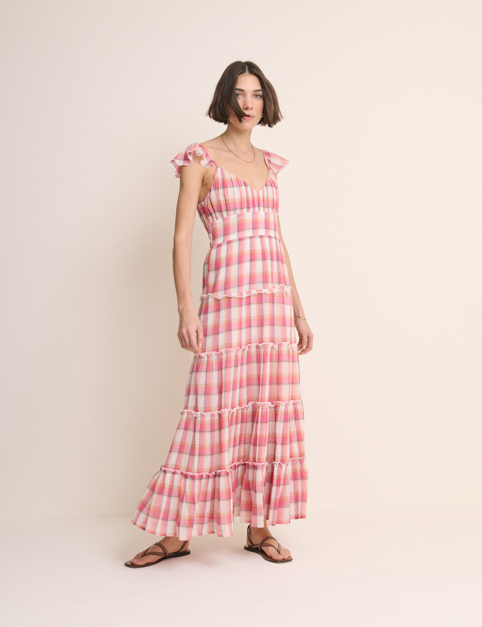 Red Check Ruffle Trim Tiered Levi Maxi Dress