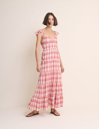 Red Check Ruffle Trim Tiered Levi Maxi Dress