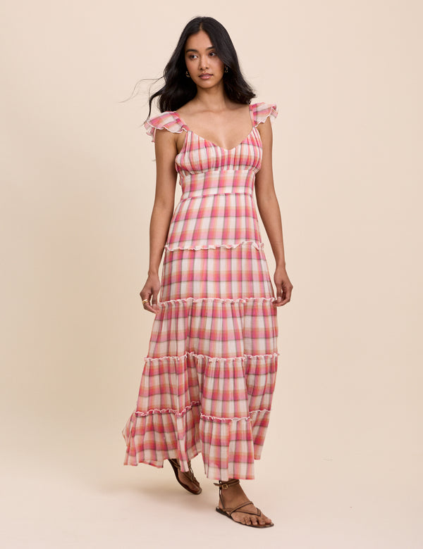Red Check Ruffle Trim Tiered Levi Maxi Dress