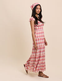 Red Check Ruffle Trim Tiered Levi Maxi Dress