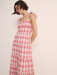 Red Check Ruffle Trim Tiered Levi Maxi Dress