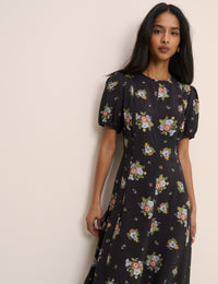 Black Floral Puff Sleeve Claudine Midi Dress