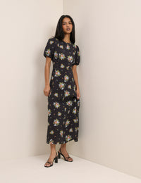 Black Floral Puff Sleeve Claudine Midi Dress