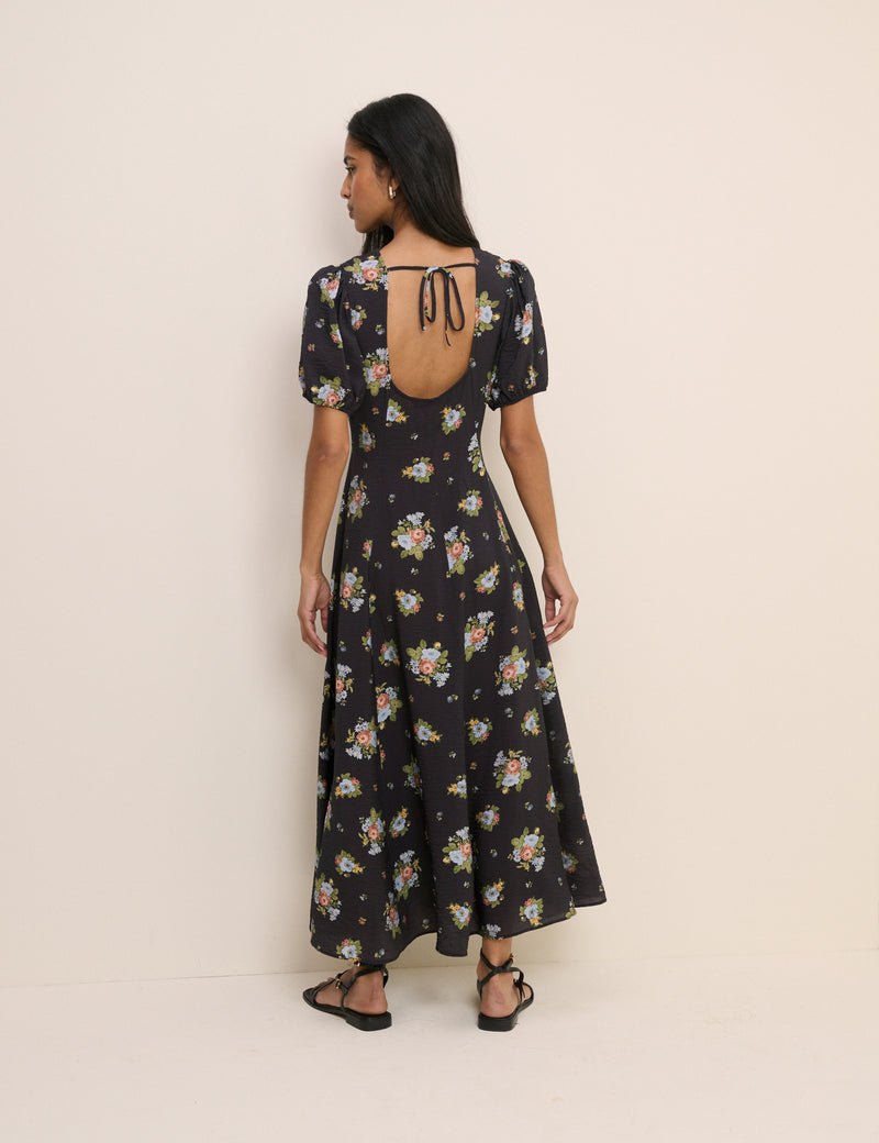 Black Floral Puff Sleeve Claudine Midi Dress