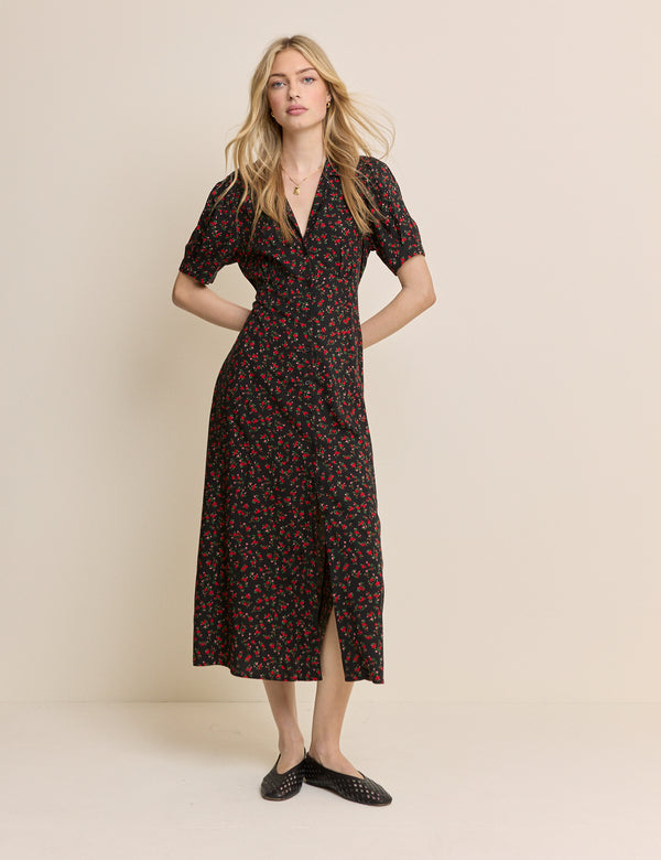 Black Floral Collared Chrissy Midi Dress