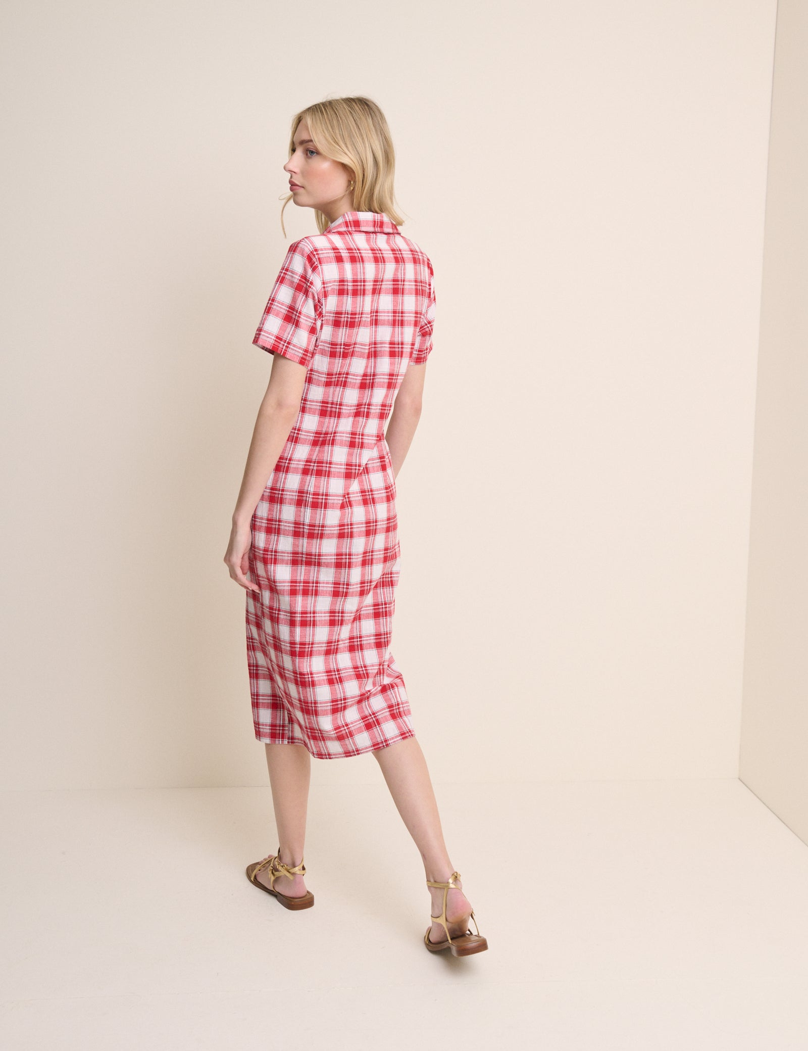 Red Checked Collared Alexandria Midi Shirt Dress