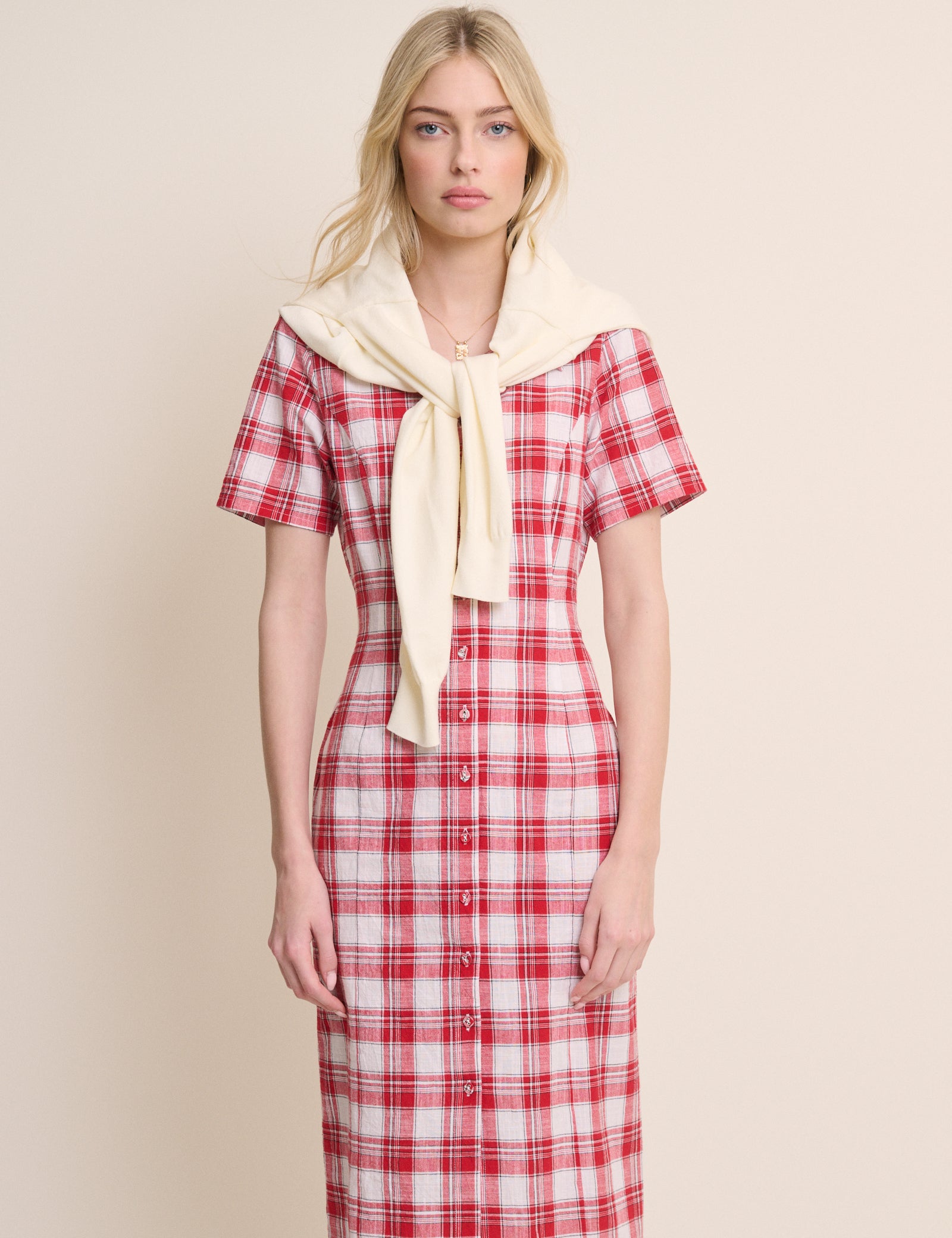 Red Checked Collared Alexandria Midi Shirt Dress
