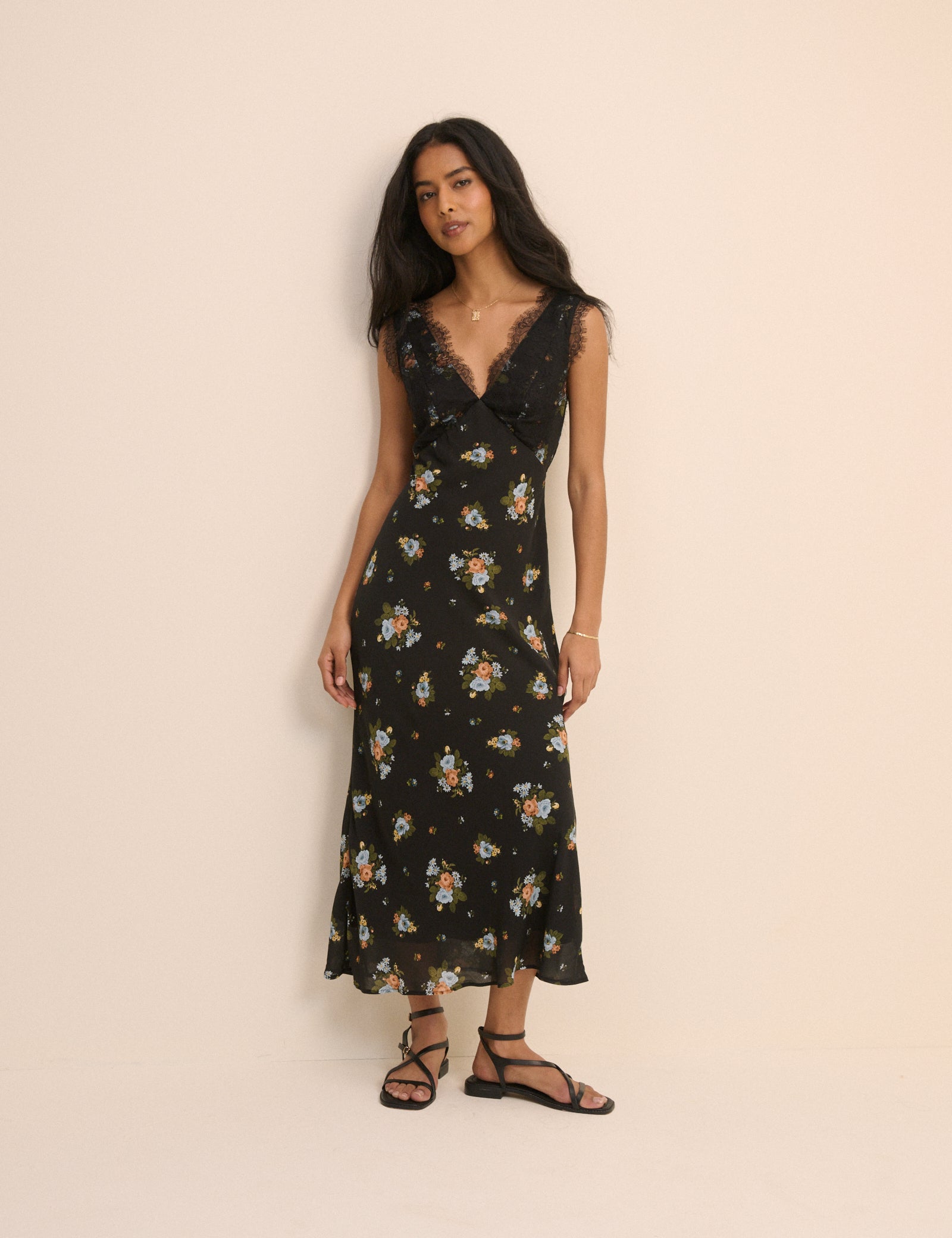 Black Floral Lace Trim Indy Midi Dress