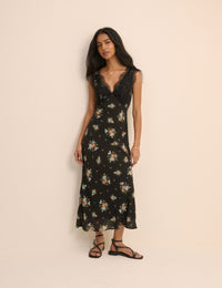 Black Floral Lace Trim Indy Midi Dress
