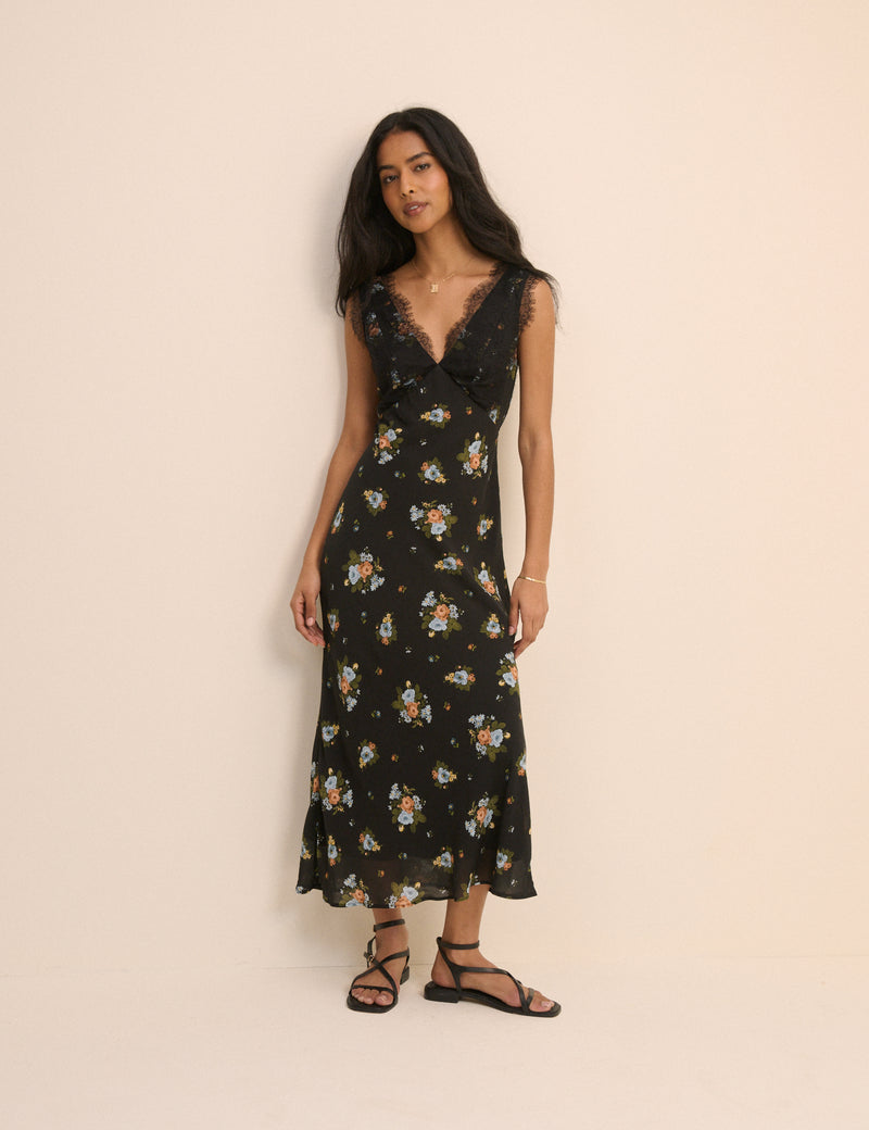 Black Floral Lace Trim Indy Midi Dress