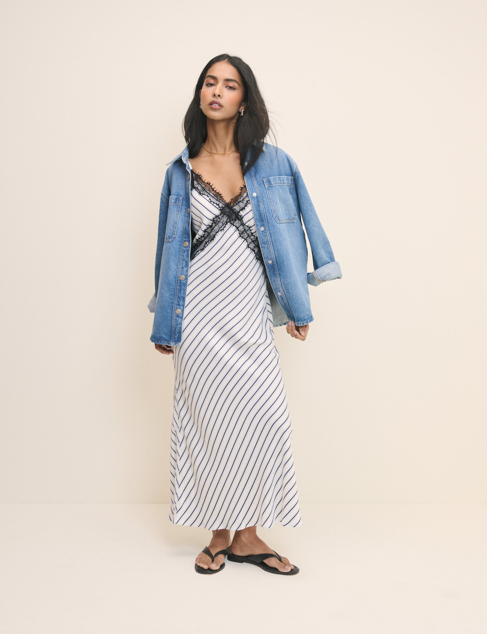 White and Navy Striped Slip Emerson Midi Dress