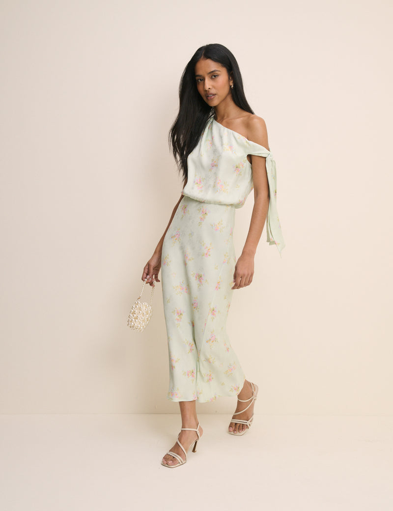 Mint Blue Floral Kavita Satin Midi Dress