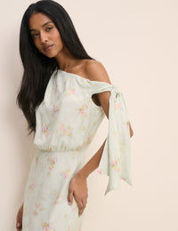 Mint Blue Floral Kavita Satin Midi Dress