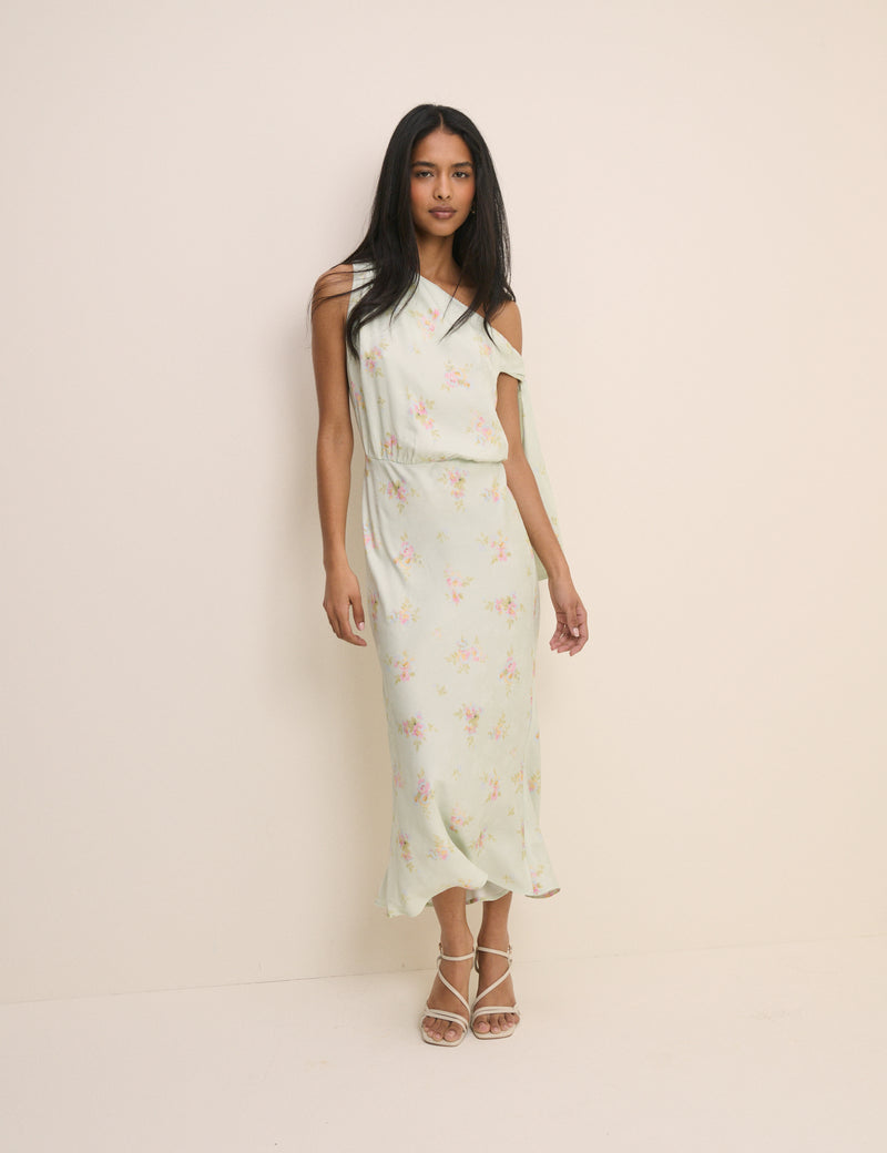 Mint Blue Floral Kavita Satin Midi Dress