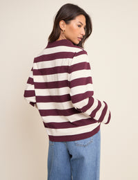 Burgundy Striped Long Sleeve Polo Top