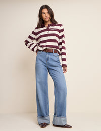 Burgundy Striped Long Sleeve Polo Top