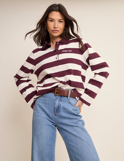 Burgundy Striped Long Sleeve Polo Top
