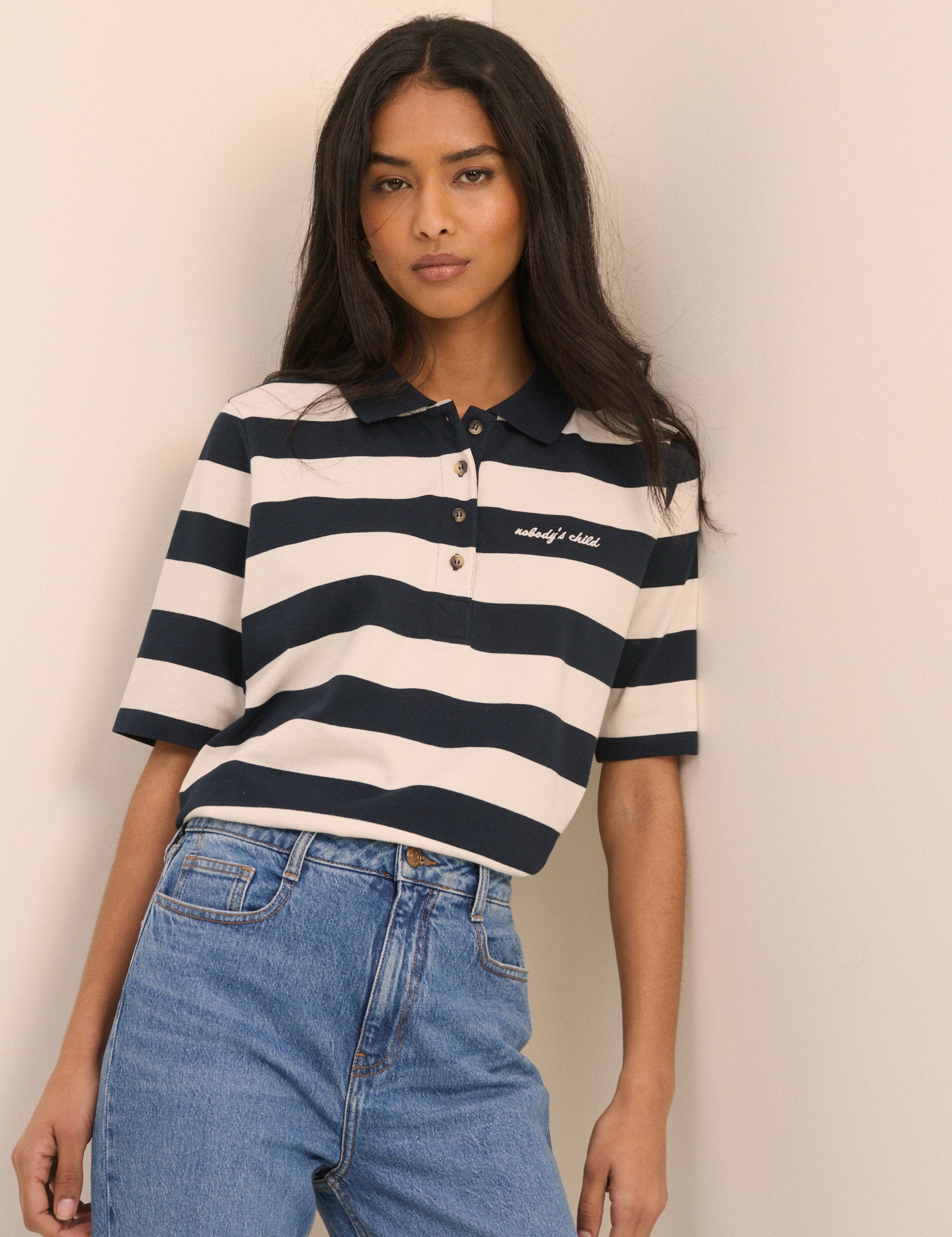 Striped Jersey Short Sleeve Polo Top