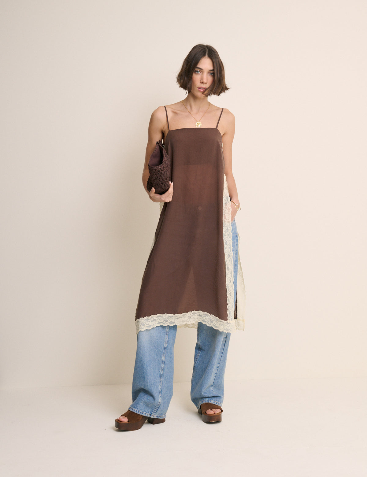 Brown Lace Trim Paulina Longline Cami