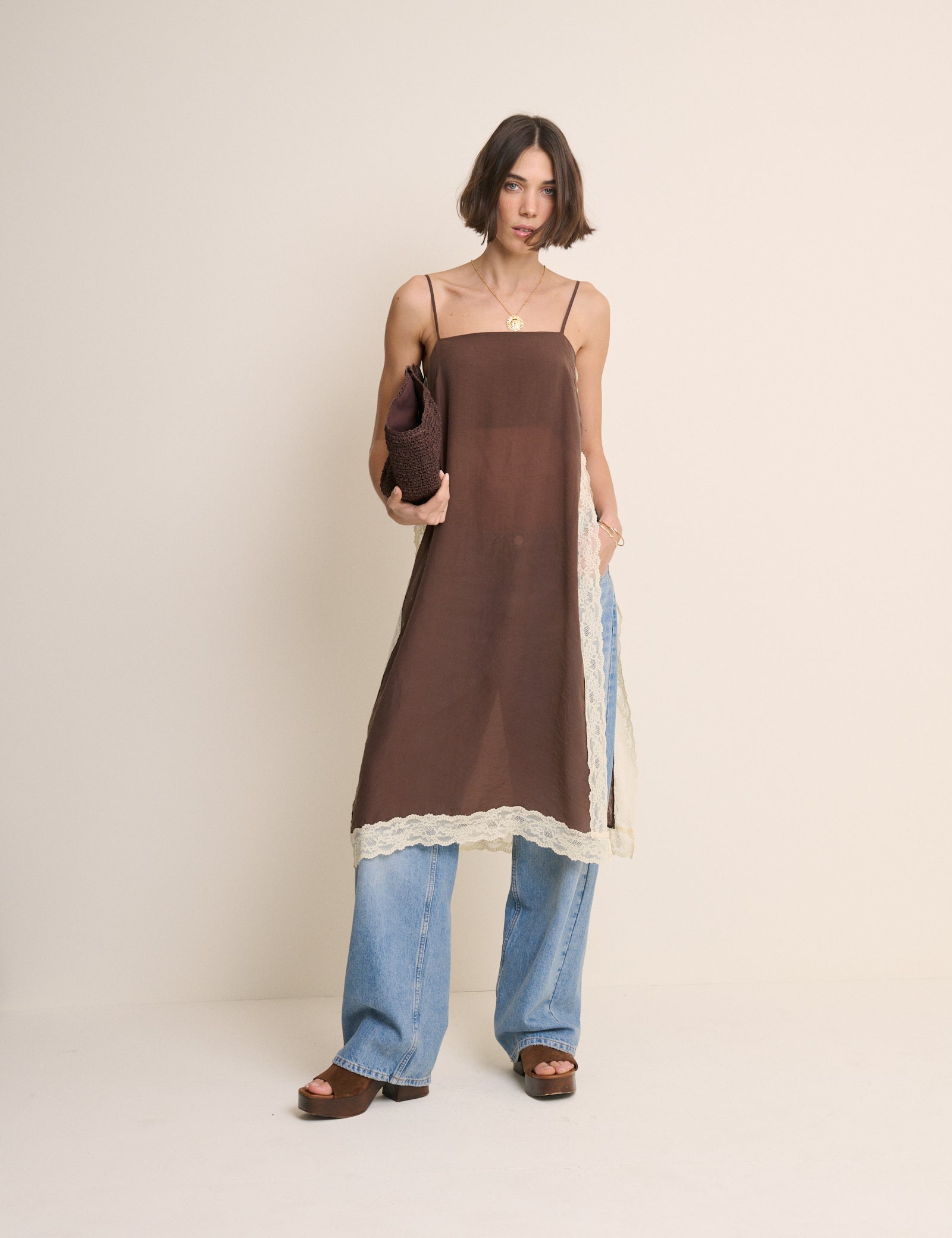 Brown Lace Trim Paulina Longline Cami