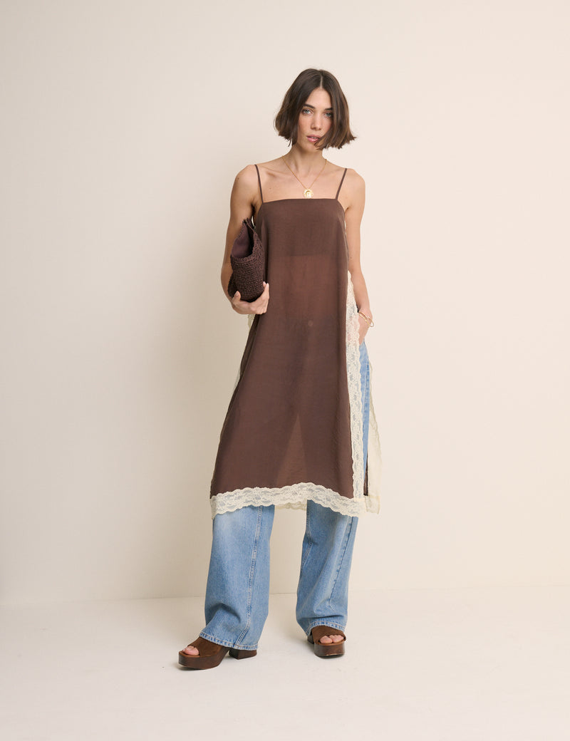 Brown Lace Trim Paulina Longline Cami