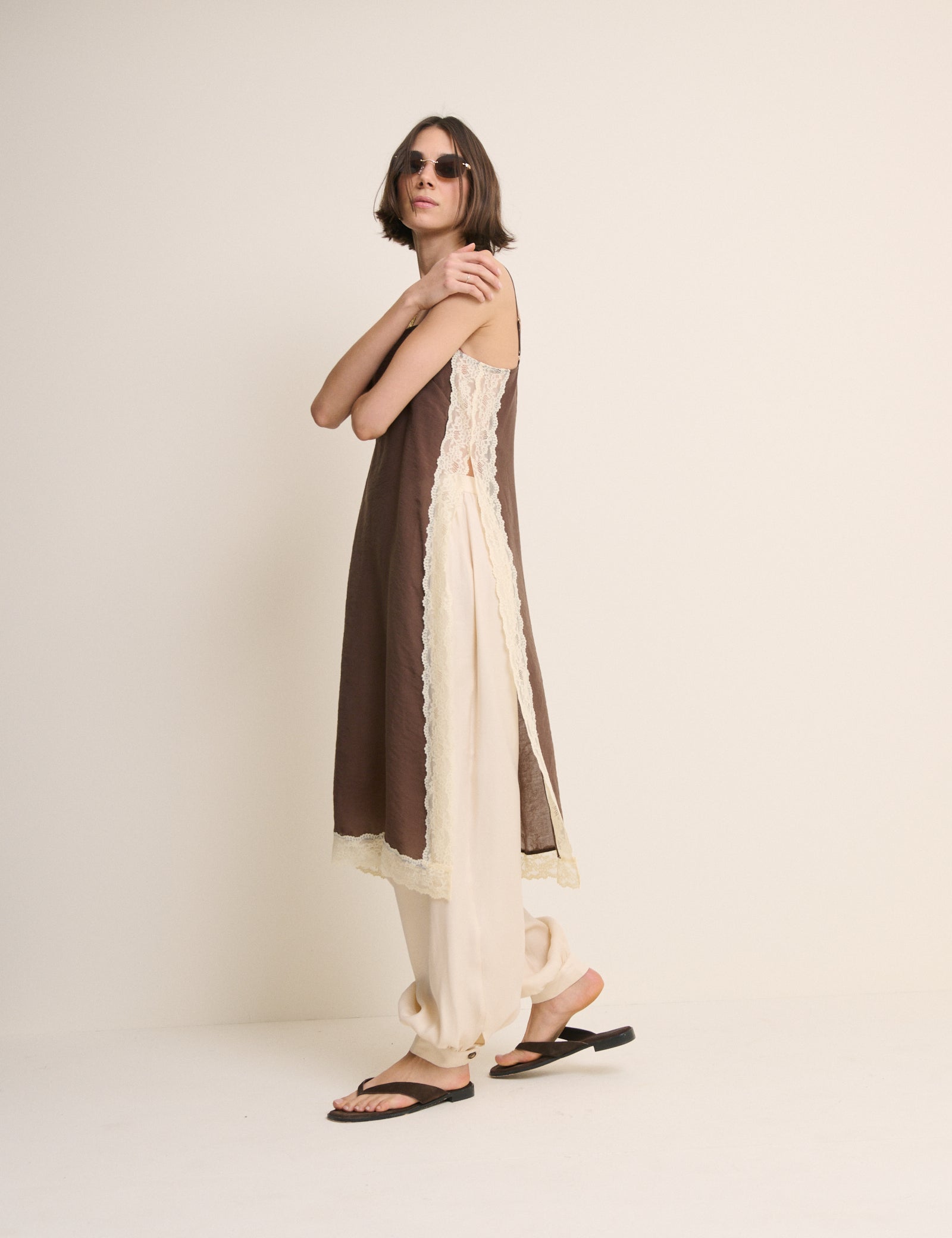 Brown Lace Trim Paulina Longline Cami