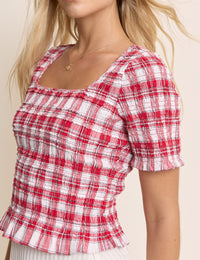 Red Tartan Shirred Frill Trim Top
