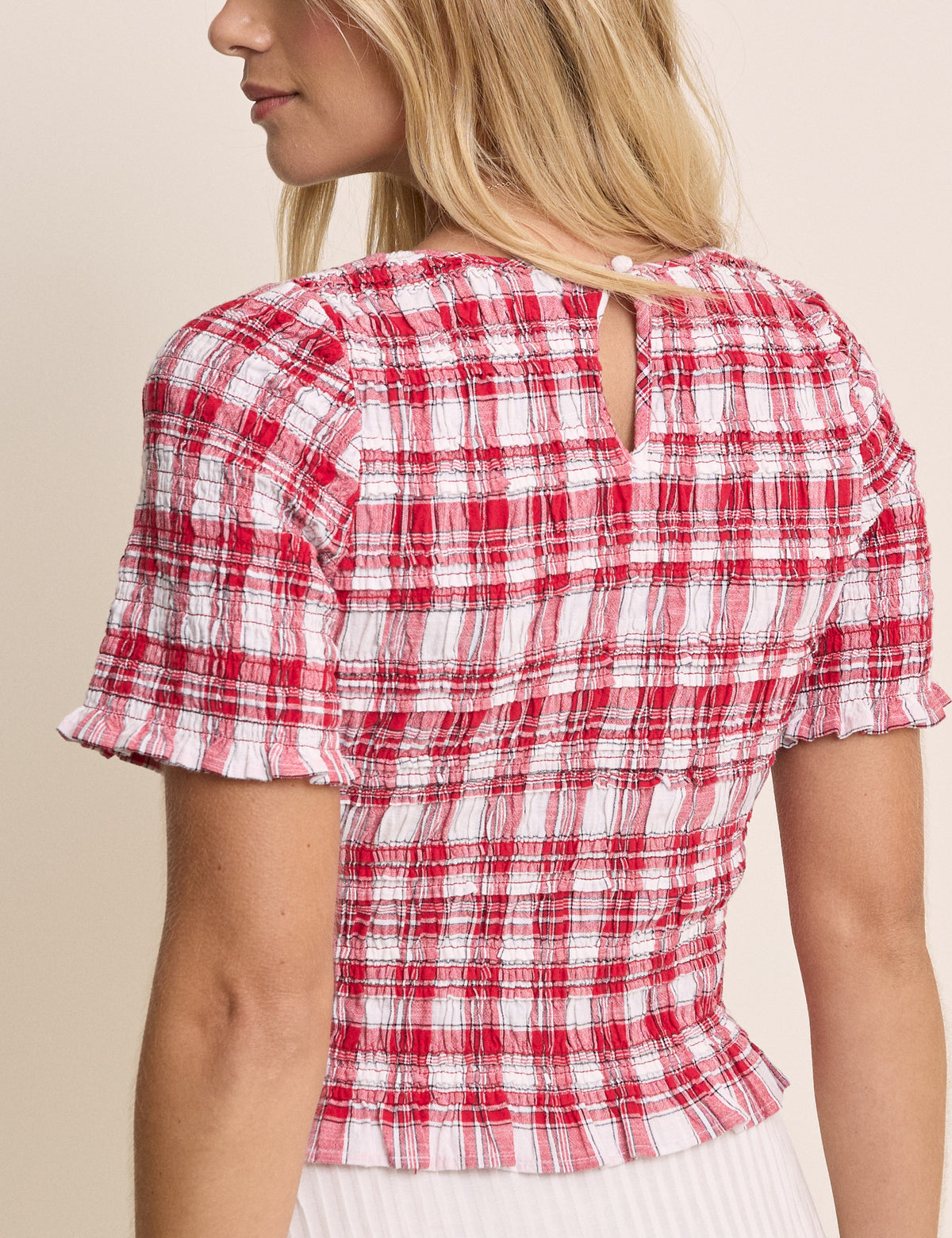 Red Check Shirred Frill Trim Top