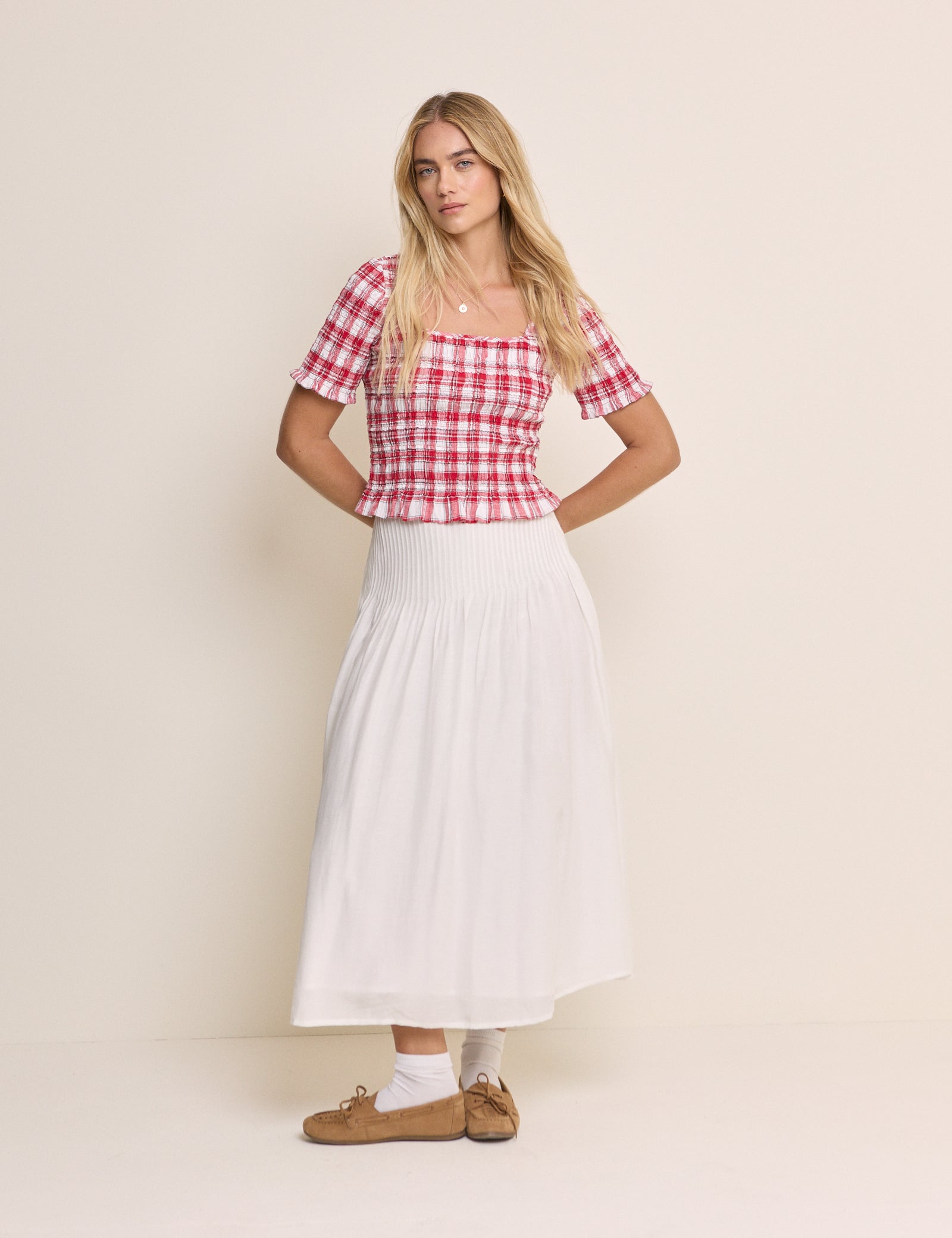 Red Check Shirred Frill Trim Top