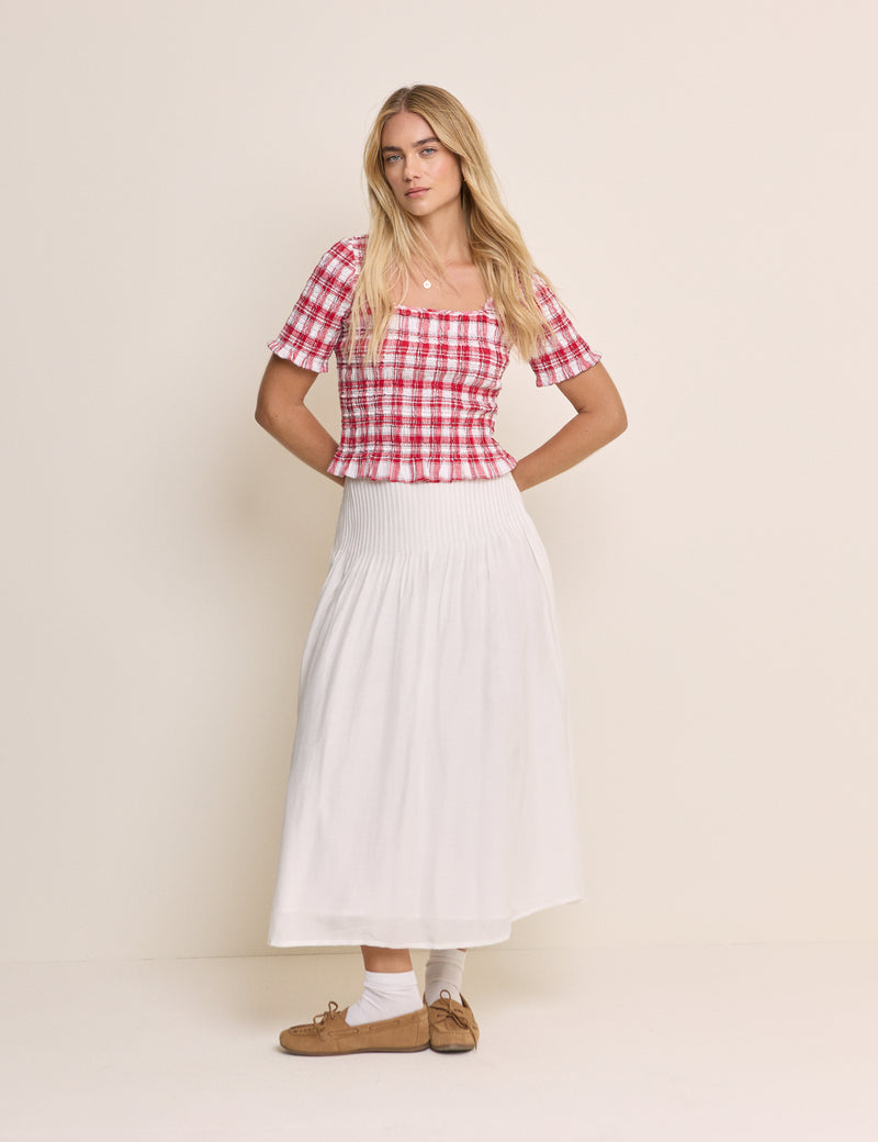 Red Check Shirred Frill Trim Top