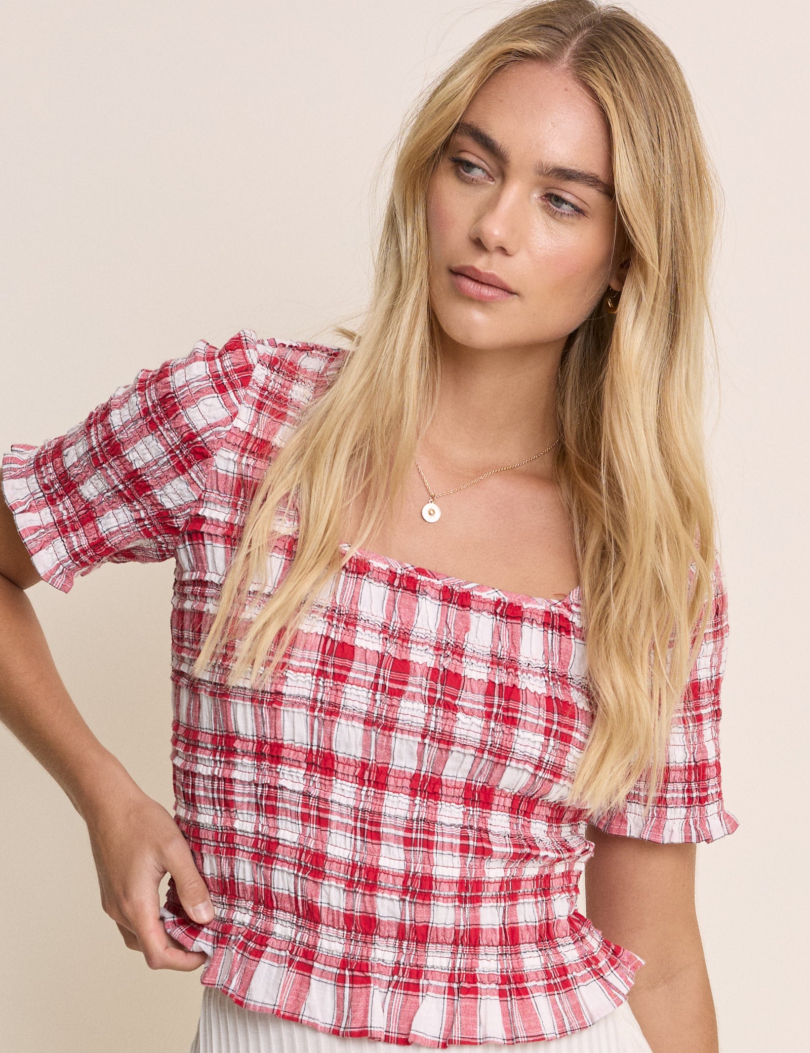Red Check Shirred Frill Trim Top