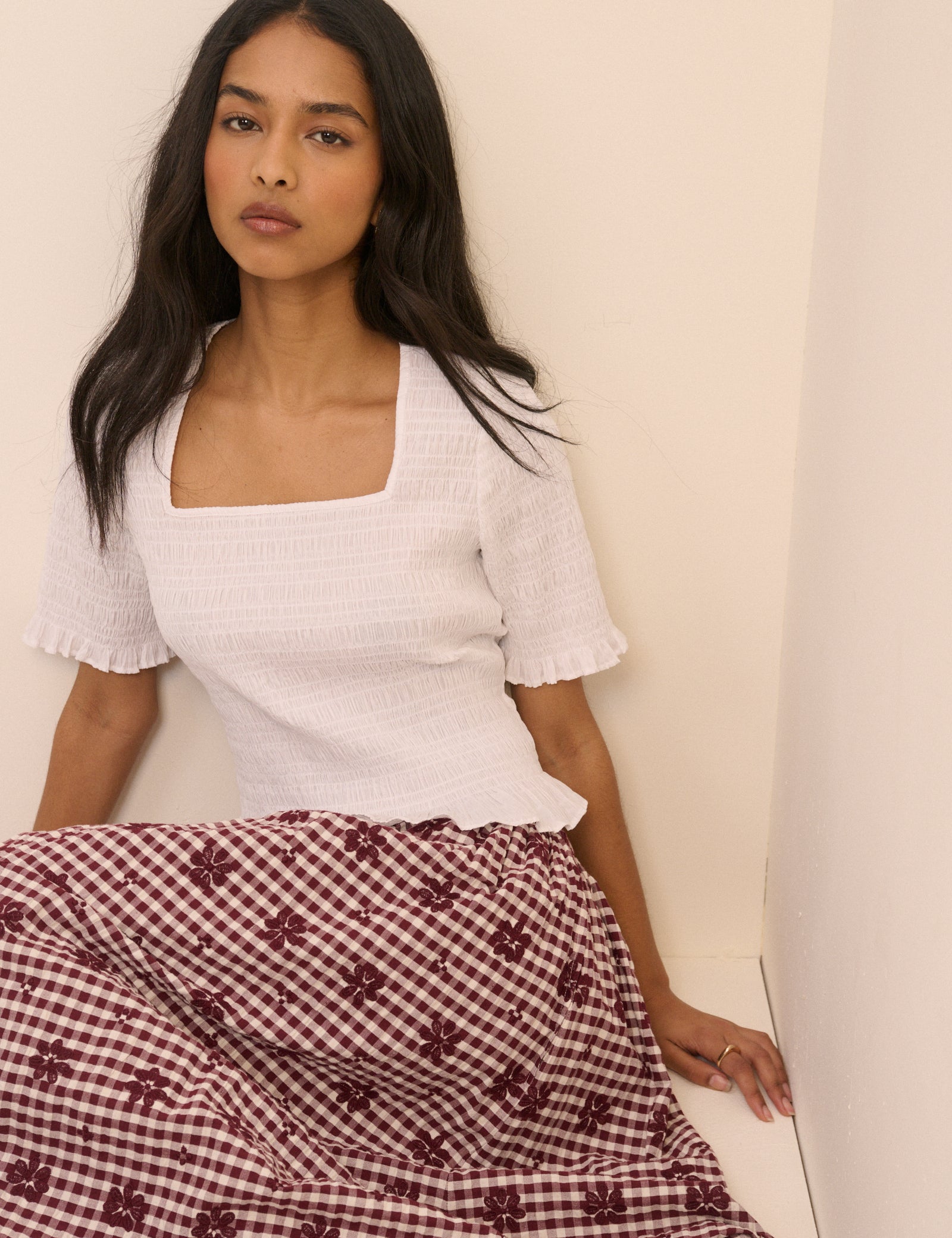 White Shirred Frill Trim Top