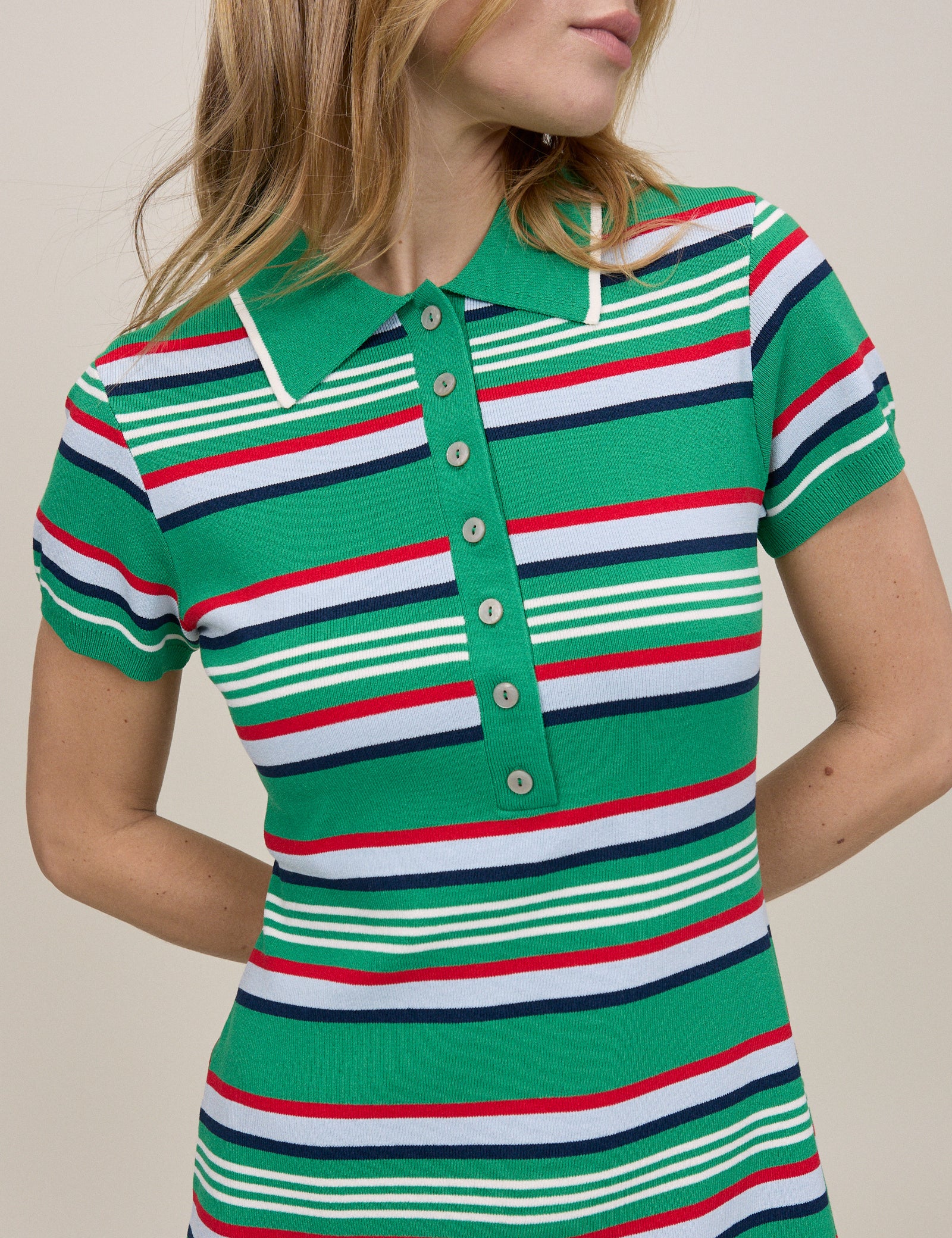 Green Striped Knitted Polo Dress Green Striped Knitted Polo Dress